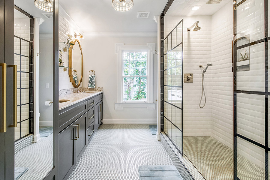 master bathroom interiors remodeled with new tile floors and lighting fixtures installed san diego ca